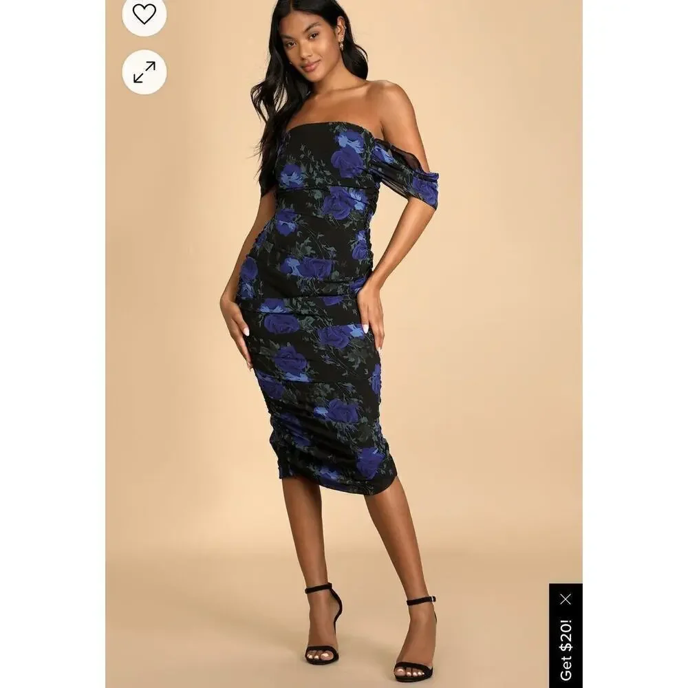 Lulu’s Blithesome Dark Blue Black Floral Ruched Midi Dress Cocktail Womens Small